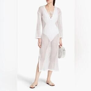 SeaFolly Coverup S Crochet Mesh Swim Ivory Lace Up 100% Cotton Mesh Boho‎ Resort